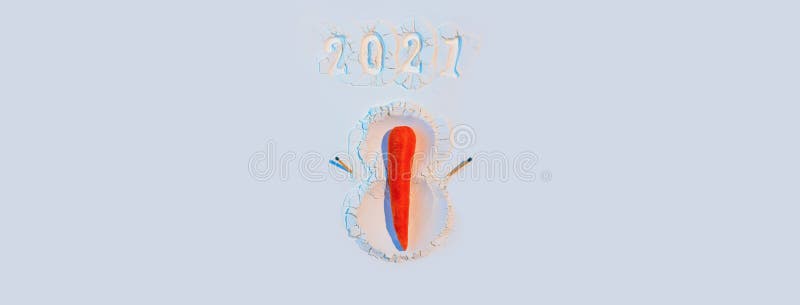 A snowman made of flour with carrots and matches. New Year`s Concept Postcard 2021. Banner. A snowman made of flour with carrots and matches. New Year`s Concept Postcard 2021. Banner