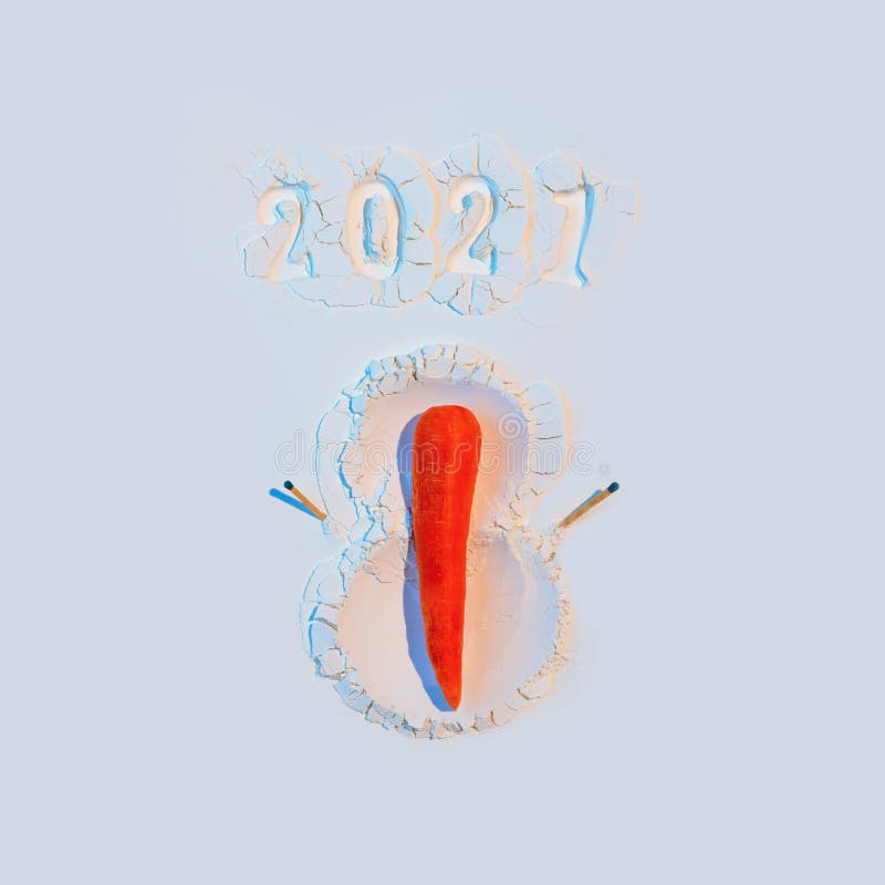 A snowman made of flour with carrots and matches. New Year`s Concept Postcard 2021. A snowman made of flour with carrots and matches. New Year`s Concept Postcard 2021.