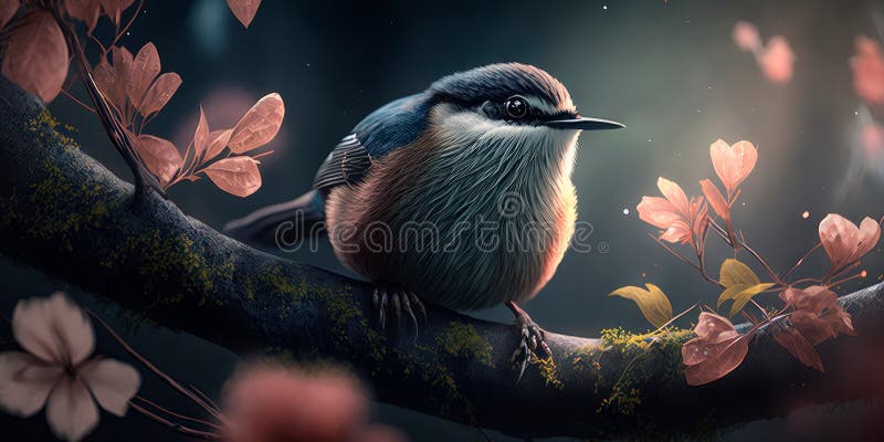 Un pájaro en una rama con flores alrededor del ai generativo.