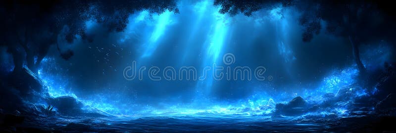 Un quadro digitale di una grotta blu scura illuminata da una luce eritica luminosa proveniente dall'apertura sopra illustrazione vettoriale