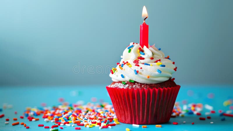 Un quequito de cumpleaños festivo con una vela encendida y rociadas de colores. fotografía de archivo libre de regalías
