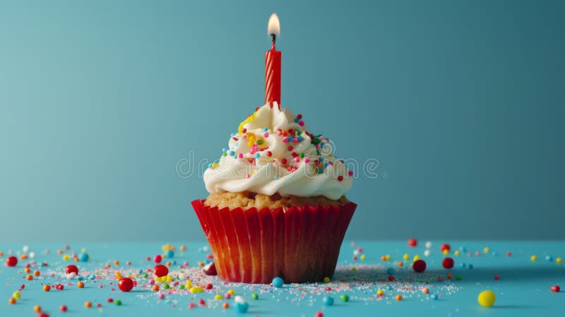 Un quequito de cumpleaños festivo con una vela encendida y rociadas de colores. fotografía de archivo libre de regalías