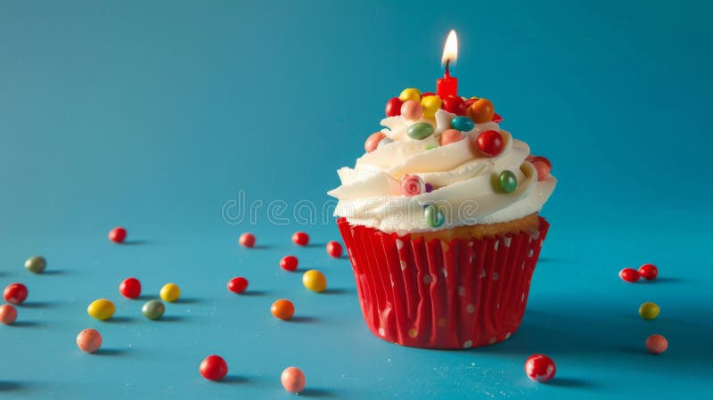 Un quequito de cumpleaños festivo con una vela encendida y rociadas de colores. generado por IA imagenes de archivo