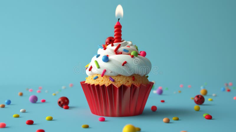 Un quequito de cumpleaños festivo con una vela encendida y rociadas de colores. generado por IA fotografía de archivo