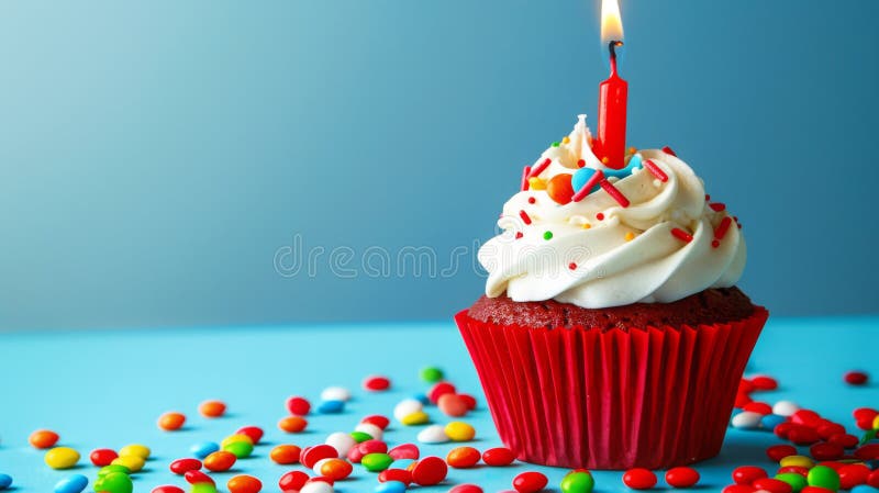 Un quequito de cumpleaños festivo con una vela encendida y rociadas de colores. generado por IA fotos de archivo