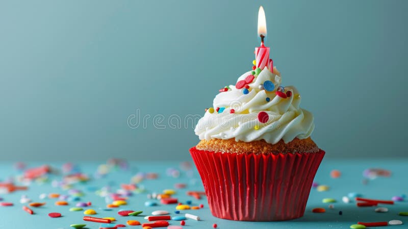 Un quequito de cumpleaños festivo con una vela encendida y rociadas de colores. generado por IA fotografía de archivo