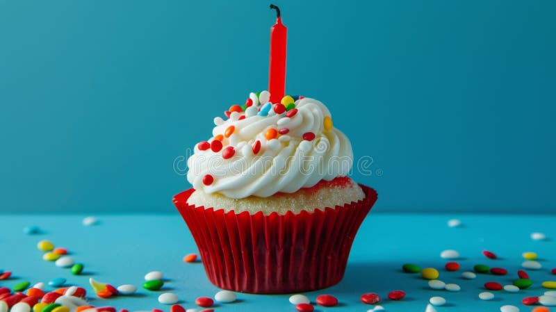 Un quequito de cumpleaños festivo con una vela encendida y rociadas de colores. generado por IA fotos de archivo