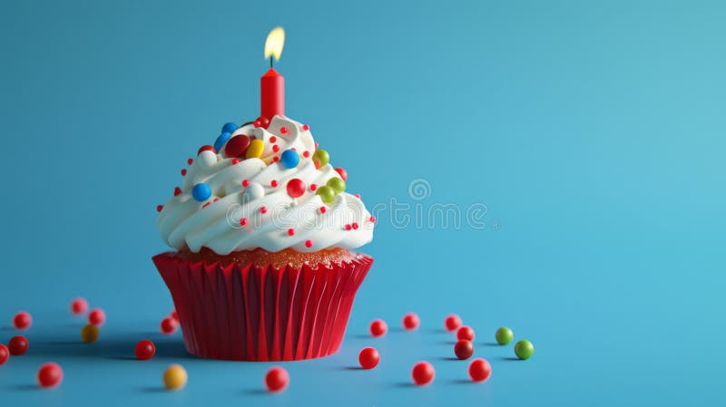 Un quequito de cumpleaños festivo con una vela encendida y rociadas de colores. foto de archivo libre de regalías