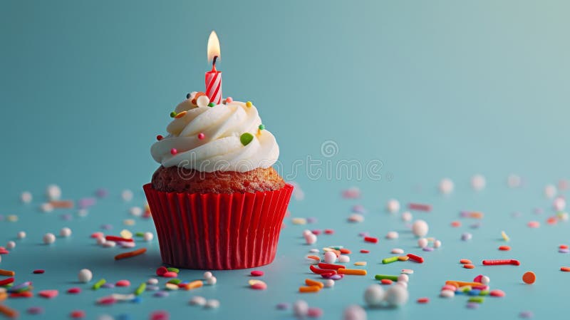Un quequito de cumpleaños festivo con una vela encendida y rociadas de colores. imagen de archivo