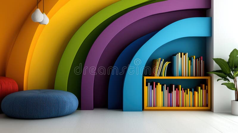 Un raft colorat într-o cameră cu un perete curcubeu. royalty free stock image