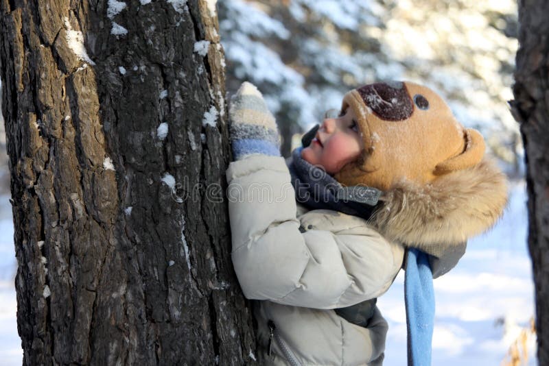 un ragazzino sta nascondendosi dietro un albero in tempo nevoso fotografie stock un ragazzino sta nascondendosi dietro un albero in tempo nevoso fotografie stock