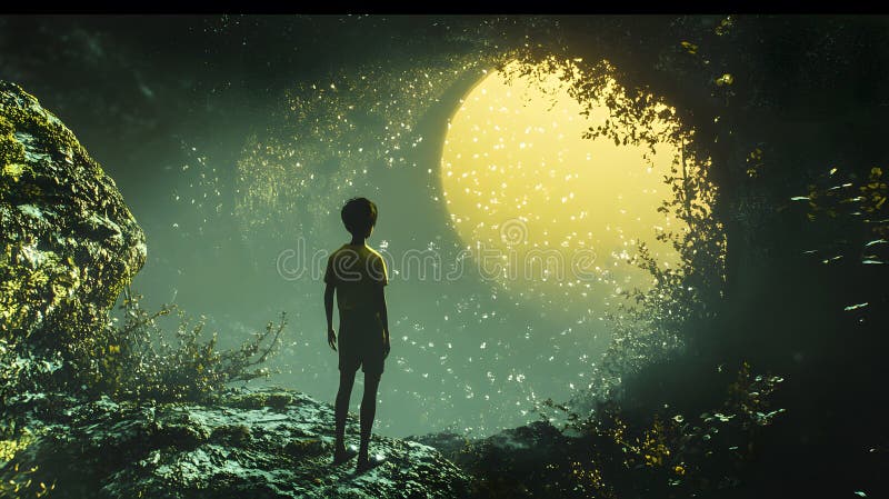 Un ragazzo sta in silenzio guardando una luce eterea luminosa. illustrazione di stock