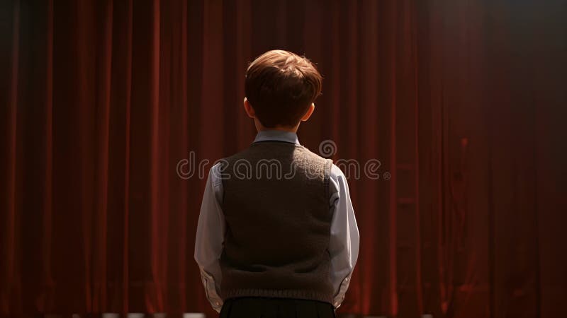 Un ragazzo in uniforme scolastica sta su un palco e le spalle al cineprese mentre recita un monologo con passione e