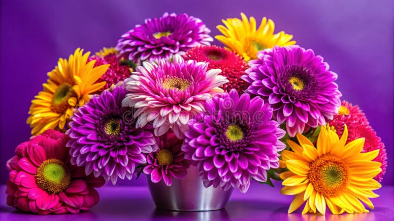 Un ramo de gerberas de colores en un jarrón de plata con fondo violeta ilustración del vector