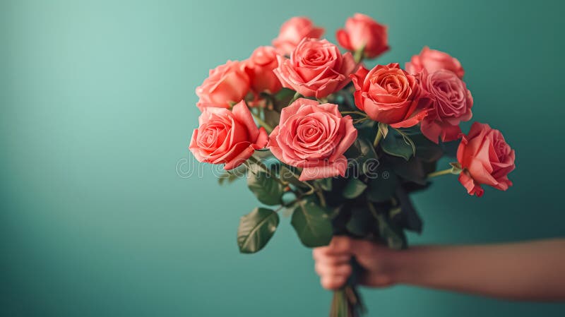 Un ramo de rosas rojas es retenido por una persona. las rosas están dispuestas en un jarrón y se colocan sobre un fondo azul concepto de día de las madres