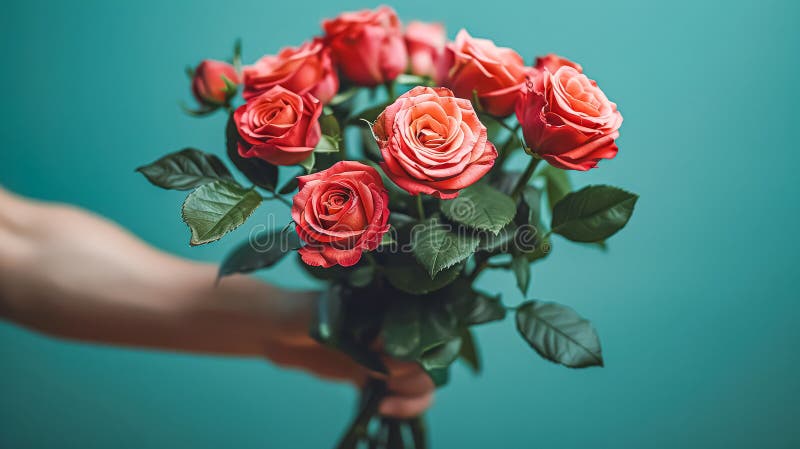 Un ramo de rosas rojas es retenido por una persona imágenes de archivo libres de regalías