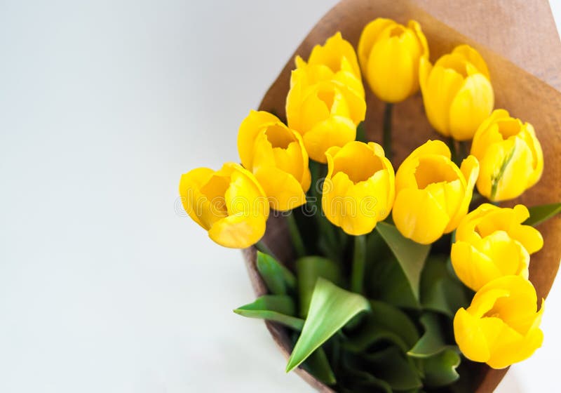 Un Ramo De Tulipanes Amarillos Un Regalo a Un Día Del ` S De La Mujer Del  Tulipán Amarillo Florece Primavera Apenas Llovido Encen Imagen de archivo -  Imagen de postal, madre: 136505259