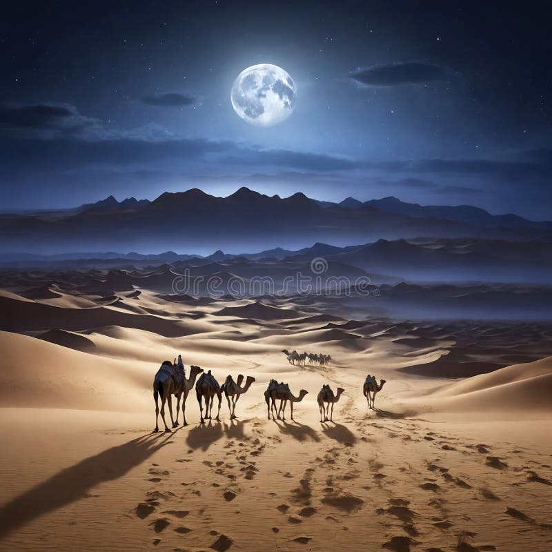 Un rebaño de camellos está caminando por el desierto bajo la luna foto de archivo libre de regalías