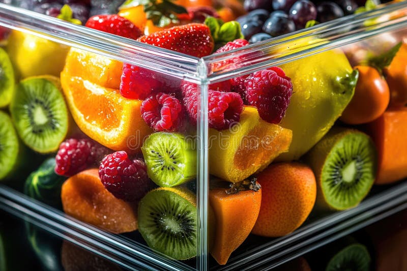 Un recipient colorat umplut cu diverse fructe royalty free stock photo
