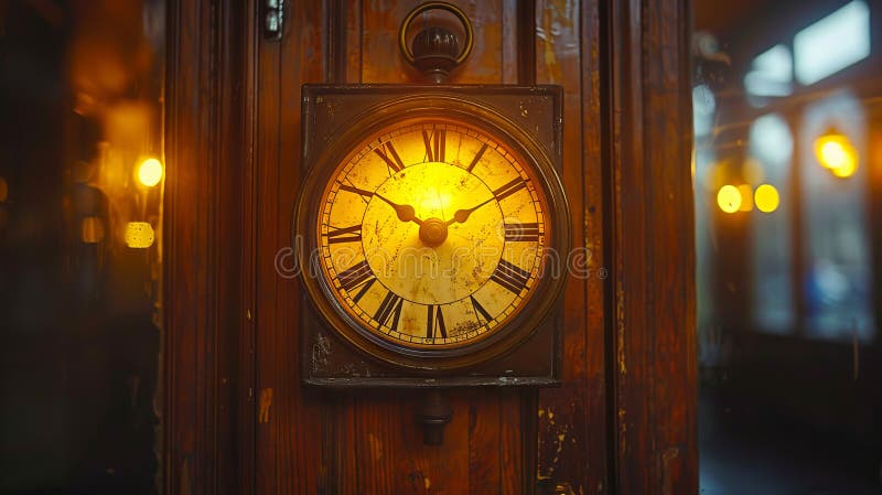 Un reloj colgado en un lado de una puerta de madera fotografía de archivo libre de regalías