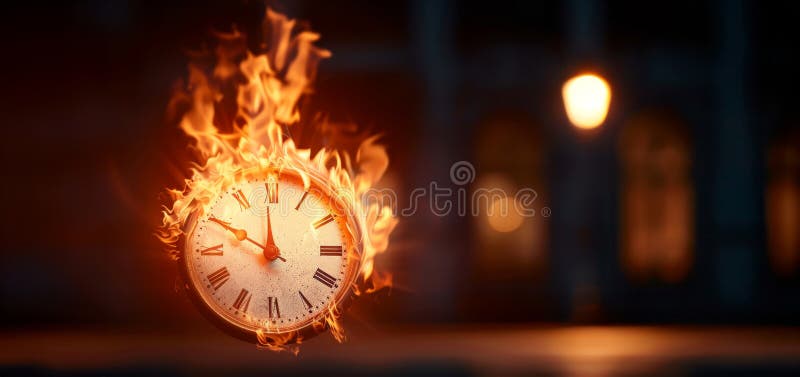 Un reloj está en llamas y el tiempo es casi 11 00 por la imagen generada por ai.