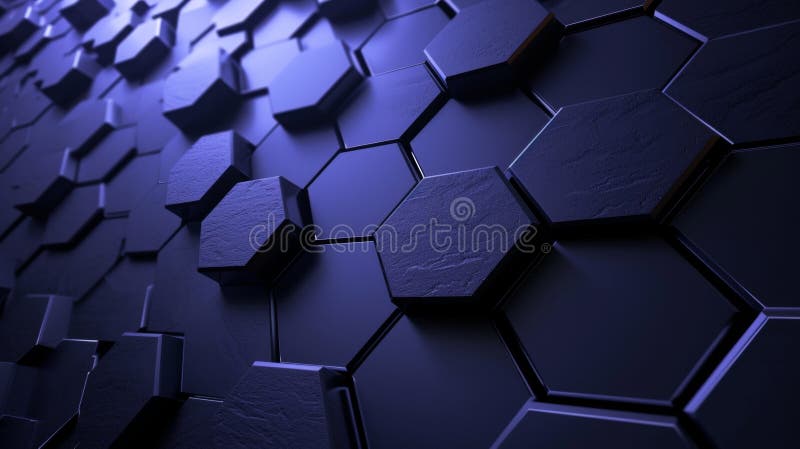 A 3D render of dark blue hexagonal shapes, creating a dynamic and modern textured surface with light reflections AI generated. A 3D render of dark blue hexagonal shapes, creating a dynamic and modern textured surface with light reflections AI generated