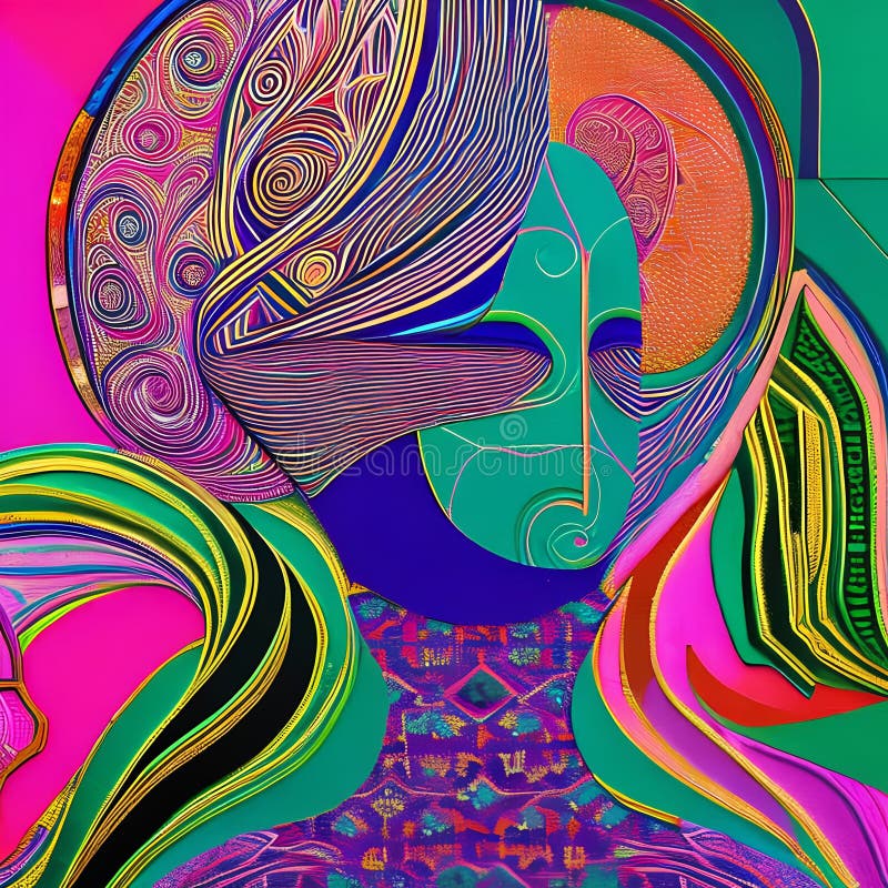 Un retrato digital abstracto de una figura sin rostro con patrones y formas intrincadas que cubren el cuerpo en tonos rosa y pur fotografía de archivo