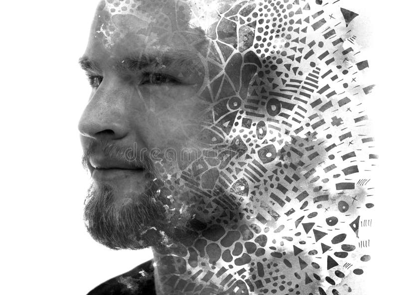 Un retrato en blanco y negro de un hombre combinado con formas abstractas. pintoresca. fotos de archivo