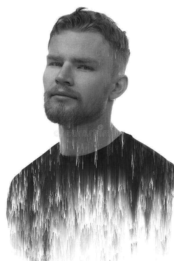 Un retrato en blanco y negro de un hombre combinado con una ilustración digital. imagenes de archivo