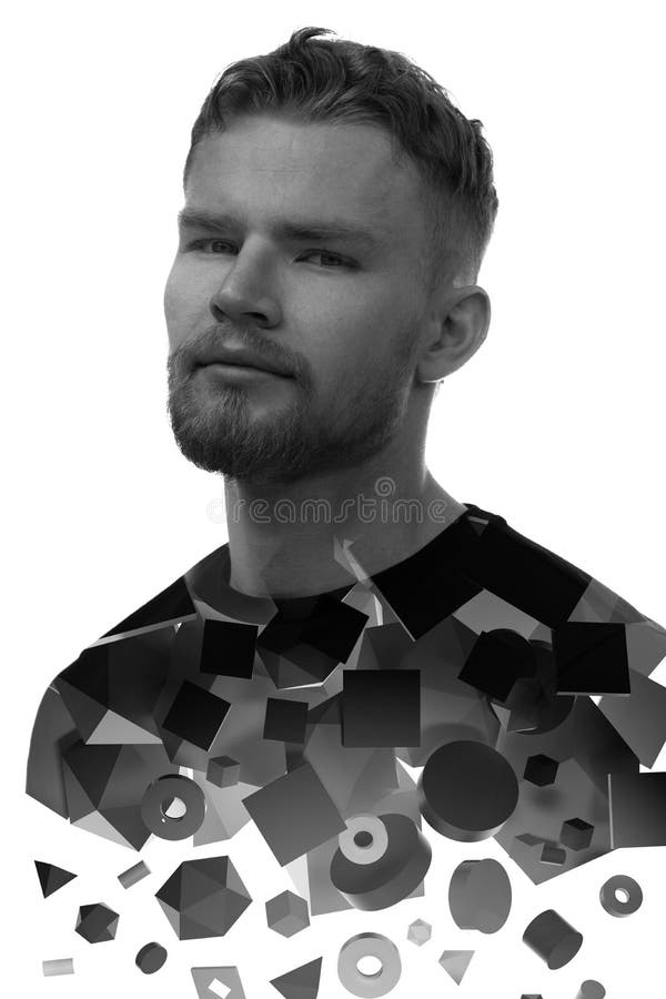 Un retrato en blanco y negro de un hombre combinado con varias formas geométricas 3d. fotografía de archivo libre de regalías