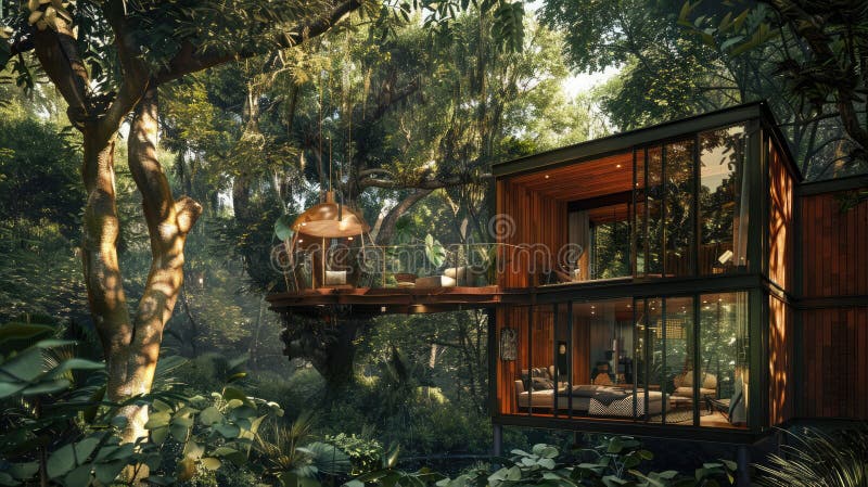 A private retreat in a lush forest, an elegant treehouse with all modern comforts. Private retreats. AI generated. A private retreat in a lush forest, an elegant treehouse with all modern comforts. Private retreats. AI generated