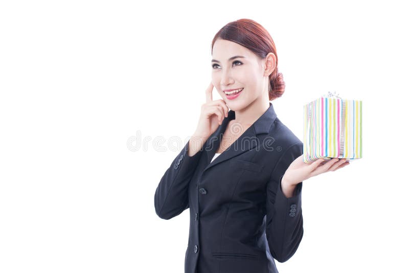 Download Un Ritratto Di Bella Donna Di Affari Con Il Contenitore Di Regalo Fotografia Stock - Immagine di felice, ritaglio: 56890744