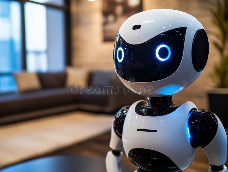 Un robot alb și negru cu ochi albaștri luminați într-o casă modernă royalty free illustration