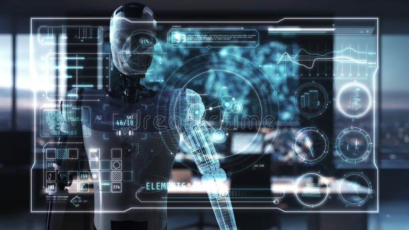 Un robot alimentato da un'aria futuristica interagisce con uno schermo virtuale olografico illustrazione vettoriale