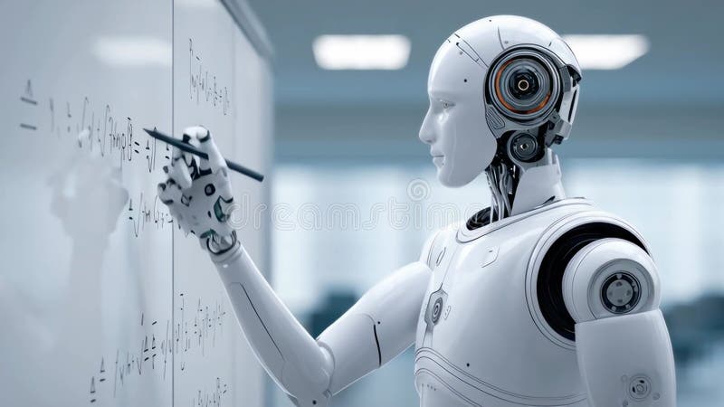 Un robot blanc se tient devant un tableau noir, y dessinant des formules mathématiques. illustration de vecteur