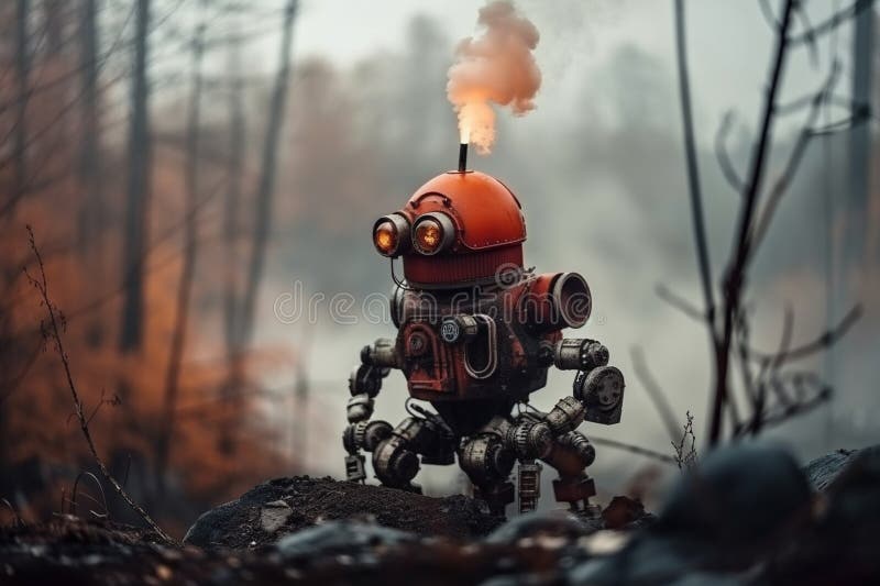 Un robot con una ciudad destruida después del fin del mundo. generador de ai.