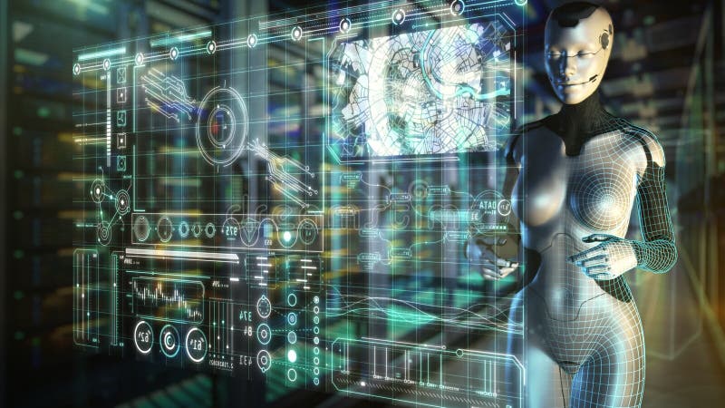 Un robot umanoide gestisce un'interfaccia futuristica con dati geografici illustrazione di stock