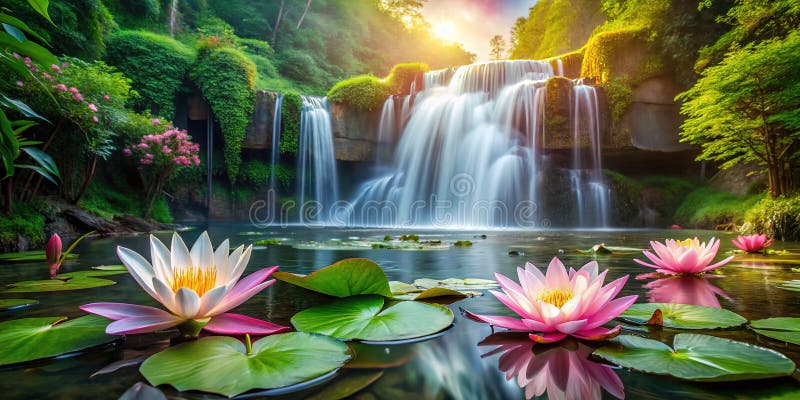 Un ruisseau de montagne serein Cascade Lush Water Liliand Exotic Flora dans un cadre de jardin paisible illustration stock