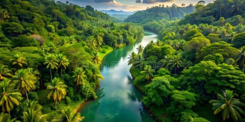 Un río tropical serpenteando a través de una densa jungla stock de ilustración
