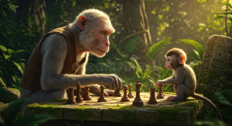 Un sabio mono viejo y un joven mono jugando al ajedrez en un ambiente de jungla exuberante libre illustration
