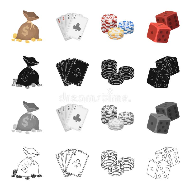 Un sac d'argent, une plate-forme des cartes, puces dans le casino, matrices, cubes Icônes réglées de collection de casino dans le illustration de vecteur Un sac d'argent, une plate-forme des cartes, puces dans le casino, matrices, cubes Icônes réglées de collection de casino dans le illustration de vecteur