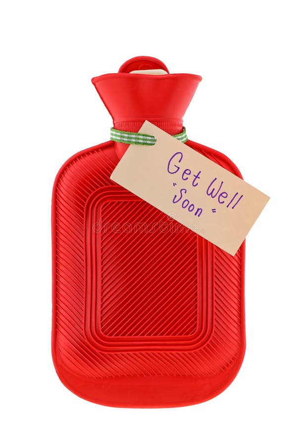 Un sac d'eau d'un rouge ardent avec un papier écrit obtiennent bien bientôt image libre de droits Un sac d'eau d'un rouge ardent avec un papier écrit obtiennent bien bientôt image libre de droits