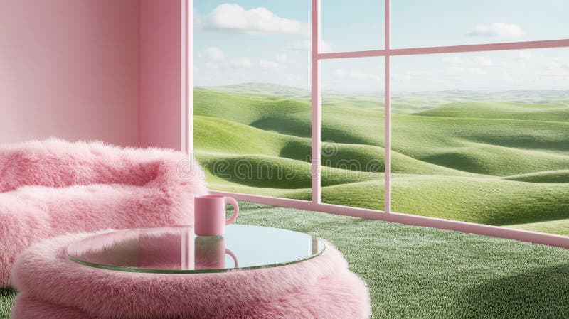 Un salón rosa con vistas a la montaña y un relajante interior casero se encuentran frente a un paisaje sereno en el anuncio fotos de archivo libres de regalías