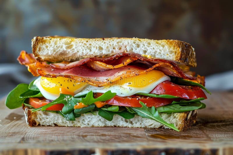 A bacon, egg, and tomato sandwich neatly assembled on a wooden cutting board, A sandwich filled with unexpected combinations of ingredients. A bacon, egg, and tomato sandwich neatly assembled on a wooden cutting board, A sandwich filled with unexpected combinations of ingredients.