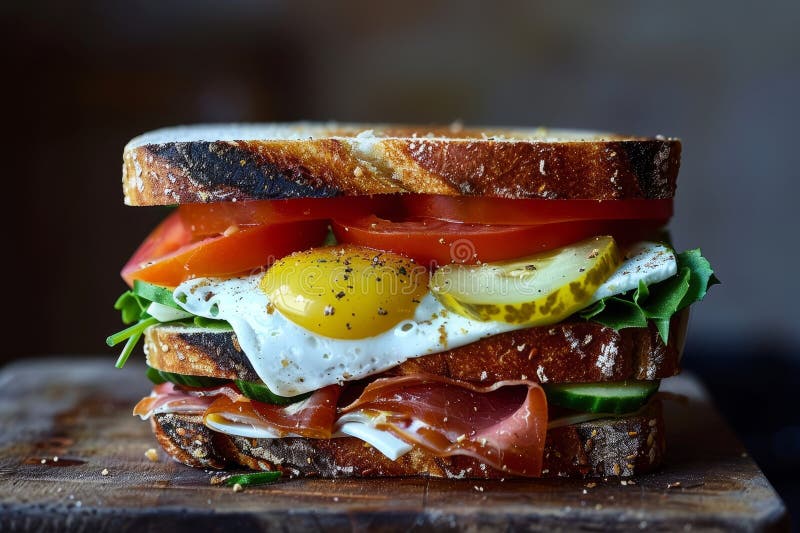 A bacon, tomato, and egg sandwich is displayed on a cutting board, A sandwich that tells a story through its ingredients. A bacon, tomato, and egg sandwich is displayed on a cutting board, A sandwich that tells a story through its ingredients.