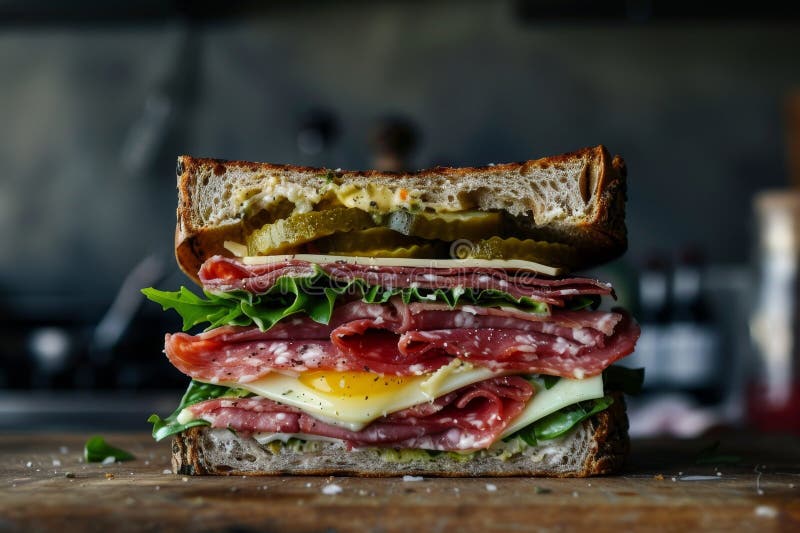 A ham, egg, and cheese sandwich is placed on a wooden cutting board, A sandwich that has earned its place as a beloved classic in the world of deli cuisine. A ham, egg, and cheese sandwich is placed on a wooden cutting board, A sandwich that has earned its place as a beloved classic in the world of deli cuisine.