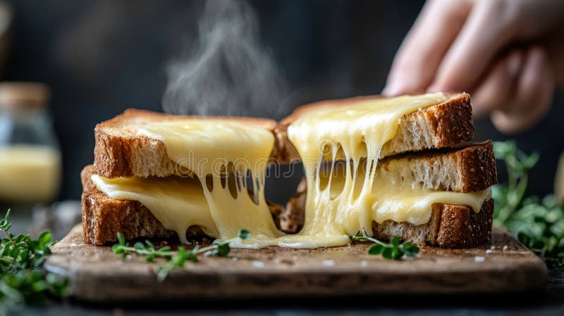 Un sandwich chaud garni de fromage fondu de goey est retiré révélant la bonté étirée à l'intérieur avec des herbes images stock