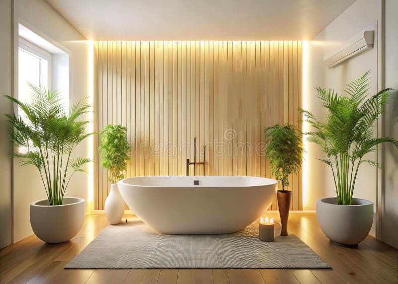 Un santuario sereno minimalista brillante cuarto de baño con acentos de bambú de la Tubería blanca independiente AIGenerado diseño libre illustration