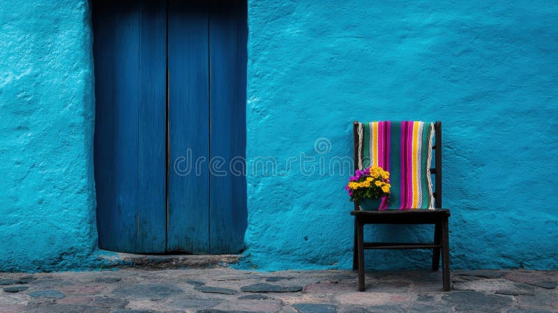 Un scaun colorat în dungi cu o vază de flori se află pe un perete albastru strălucitor. stock photography