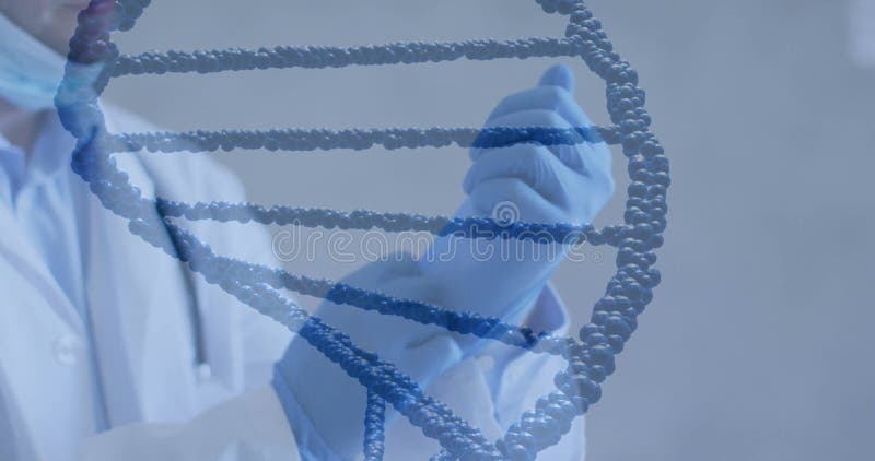 Un scientifique pointant vers l'ADN flottant double helix dans un laboratoire de recherche médicale avec des lignes de données bri clips vidéos